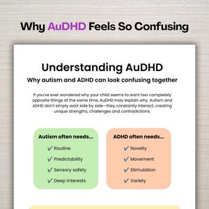 May include: An educational infographic titled Why AuDHD Feels So Confusing and Understanding AuDHD. It explains how autism and ADHD interact, featuring two color-coded boxes: a green one listing autism needs like routine and predictability, and an orange one listing ADHD needs like novelty and movement.