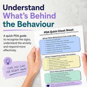 May include: A white informational sheet titled PDA Quick Cheat Sheet with sections on behaviors, underlying causes, and strategies. The text includes Understanding What's Behind the Behaviour and Tips You Can Use Right Away, presented in blue, yellow, and green boxes.