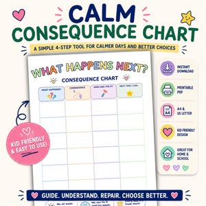 May include: A Calm Consequence Chart printable document featuring a four-column grid titled What Happens Next? with headers for What Happened, Consequence, How Can I Fix It, and Next Time I Can. The design includes pastel colors, icons, and text.