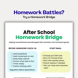 May include: A white infographic with blue and green text. The title reads "Homework Battles? Try a Homework Bridge." The infographic provides tips for helping neurodivergent kids with homework, including a check-in list and starting small.