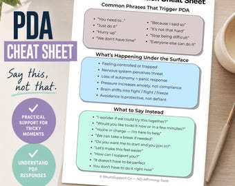 May include: A PDA Communication Cheat Sheet document featuring three color-coded sections: Common Phrases That Trigger PDA in mauve, What’s Happening Under the Surface in blue, and What to Say Instead in light green, with bulleted text lists.