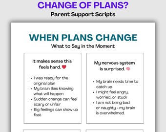 Change of Plans Parent Support Cheat Sheet | ADHD, ASD, What to Say in the Moment, Emotional Regulation Printable for Kids, A4 US Letter pdf