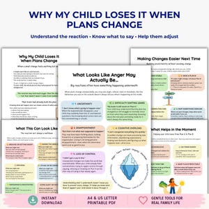 May include: A set of educational printable PDF documents titled Why My Child Loses It When Plans Change. The pages feature black text on white backgrounds, including charts, bullet points, and an iceberg illustration explaining emotional reactions.