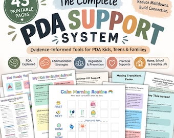 May include: A digital printable resource titled The Complete PDA Support System with 43 pages. It includes various worksheets and guides for neurodivergent families, featuring sections on communication strategies, regulation, and daily routines.