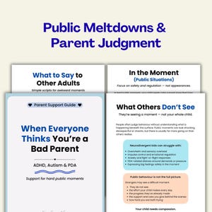 May include: A graphic with the title "Public Meltdowns & Parent Judgment" and several informational pages. The pages discuss topics like what to say to other adults, public situations, and what others don't see. The guide offers support for parents.