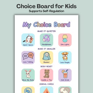 Tablero de opciones PDA, apoyo visual para autismo y TDAH, regulación suave (editable en Canva, imprimible)