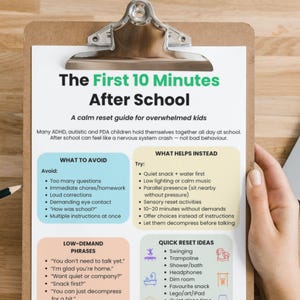 May include: A clipboard holding a white informational sheet titled The First 10 Minutes After School, a calm reset guide for overwhelmed kids. The document features sections on what to avoid, what helps instead, low-demand phrases, and quick reset ideas.