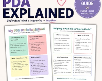May include: A two-page educational guide titled PDA EXPLAINED, featuring parent and child perspectives. The document includes sections on My PDA Brain Explained and Helping a PDA Kid in Alarm Mode, with bulleted lists, text boxes, and heart icons.