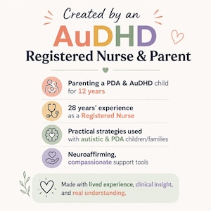 May include: An informational graphic with the text Created by an AuDHD Registered Nurse & Parent. It lists 12 years of parenting a PDA & AuDHD child, 28 years of nursing experience, practical strategies for autistic families, and neuroaffirming tools.