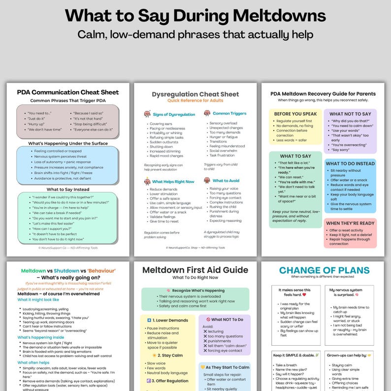 Puede incluir: Una infograf&iacute;a colorida titulada "What to Say During Meltdowns" con consejos para una comunicaci&oacute;n tranquila. Incluye secciones sobre PDA, desregulaci&oacute;n y recuperaci&oacute;n, ofreciendo frases y estrategias para adultos y padres. La imagen est&aacute; dise&ntilde;ada para ayudar a gestionar las respuestas emocionales.
