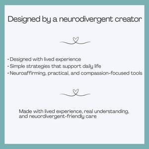 Puede incluir: Un gr&aacute;fico cuadrado con un borde turquesa y un interior blanco. El texto dice "Dise&ntilde;ado por un creador neurodivergente". El texto adicional incluye "Dise&ntilde;ado con experiencia vivida", "Estrategias simples que apoyan la vida diaria".