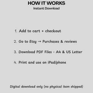 Puede incluir: Un gr&aacute;fico con el t&iacute;tulo "HOW IT WORKS" e instrucciones para una descarga digital instant&aacute;nea. Los pasos incluyen agregar al carrito, ir a compras de Etsy, descargar archivos PDF e imprimir. Solo descarga digital.