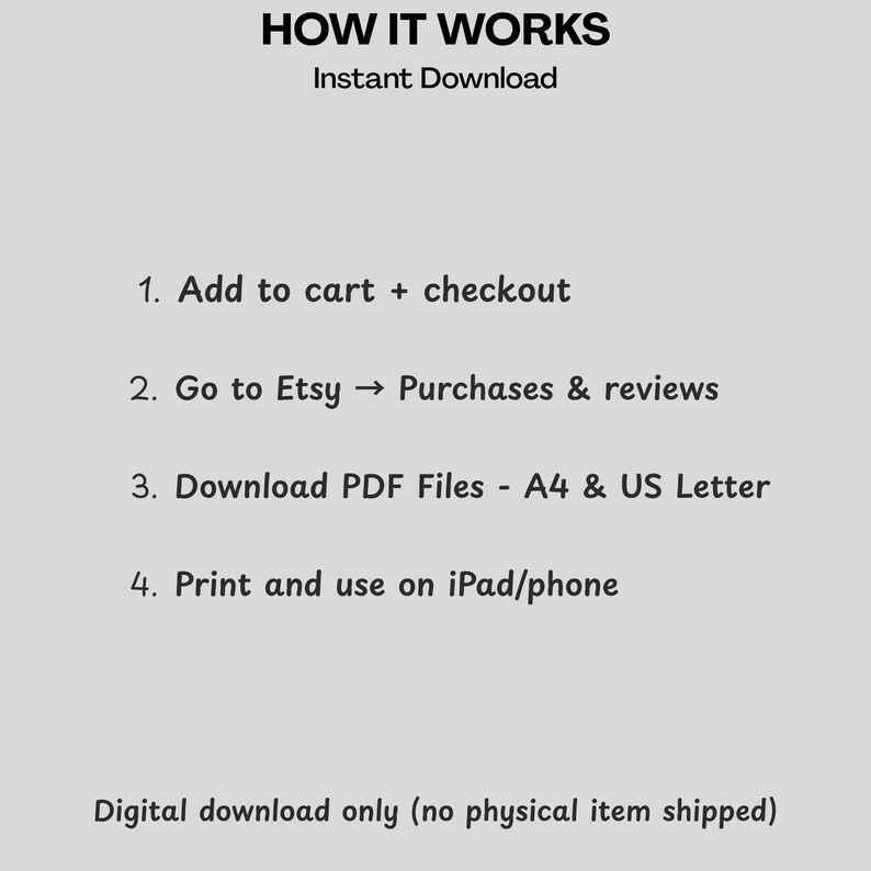 Puede incluir: Un gr&aacute;fico con el t&iacute;tulo "HOW IT WORKS" e instrucciones para una descarga digital instant&aacute;nea. Los pasos incluyen agregar al carrito, ir a compras de Etsy, descargar archivos PDF e imprimir. Solo descarga digital.