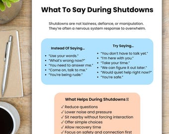 What To Say During Shutdowns, Autism ADHD PDA Parent Support, Neurodivergent Shutdown Scripts, Calm Printable Guide for Overwhelm