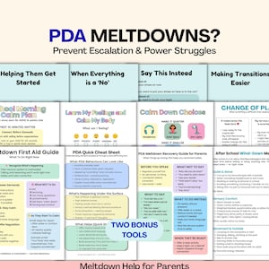 PDA Meltdown Toolkit for Parents printable, autism and ADHD demand avoidance support, what to say instead during meltdowns, transition strategies, calm down choices, meltdown recovery guide, parenting resource bundle, digital download