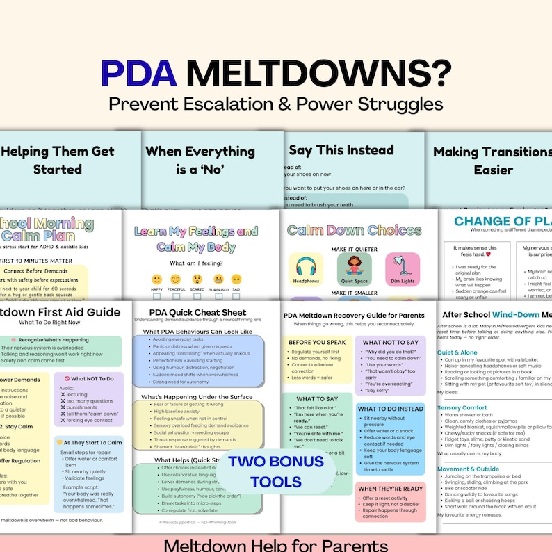 PDA Meltdown Toolkit for Parents printable, autism and ADHD demand avoidance support, what to say instead during meltdowns, transition strategies, calm down choices, meltdown recovery guide, parenting resource bundle, digital download