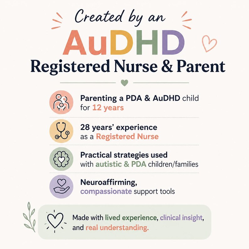 May include: An informational graphic with the text Created by an AuDHD Registered Nurse & Parent. It lists 12 years of parenting a PDA & AuDHD child, 28 years of nursing experience, practical strategies for autistic families, and neuroaffirming tools.