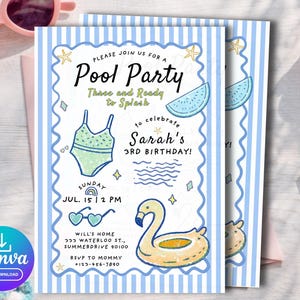 May include: Two pool party invitations with blue and white striped borders. The invitations feature illustrations of a swimsuit, sunglasses, a swan float, and a watermelon slice. Text includes "Pool Party", "Sarah's 3rd Birthday", and event details.