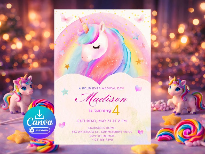Editable Unicorn 4th Birthday Invitation | Four Ever Magical Rainbow ...