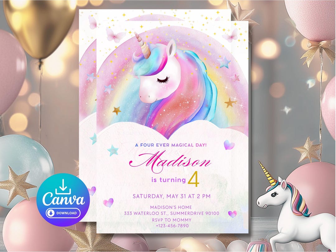 Editable Unicorn 4th Birthday Invitation | Four Ever Magical Rainbow ...