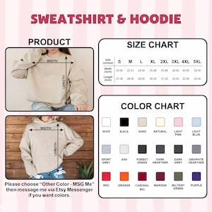 May include: Image of a sweatshirt and hoodie product with a size and color chart. The size chart shows measurements in inches, ranging from S to 5XL. The color chart displays various options, including white, black, and red.