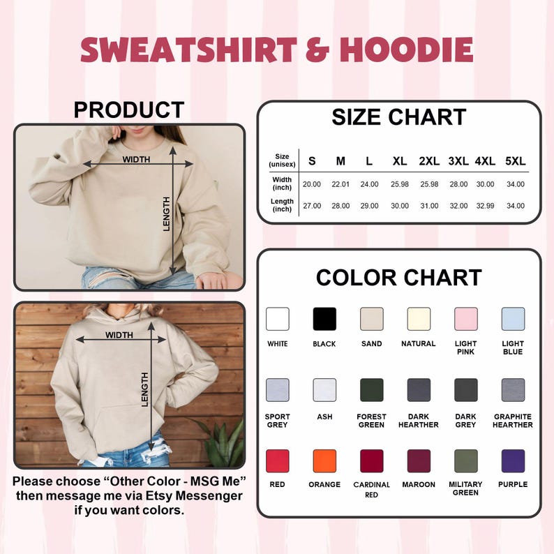 May include: Image of a sweatshirt and hoodie product with a size and color chart. The size chart shows measurements in inches, ranging from S to 5XL. The color chart displays various options, including white, black, and red.