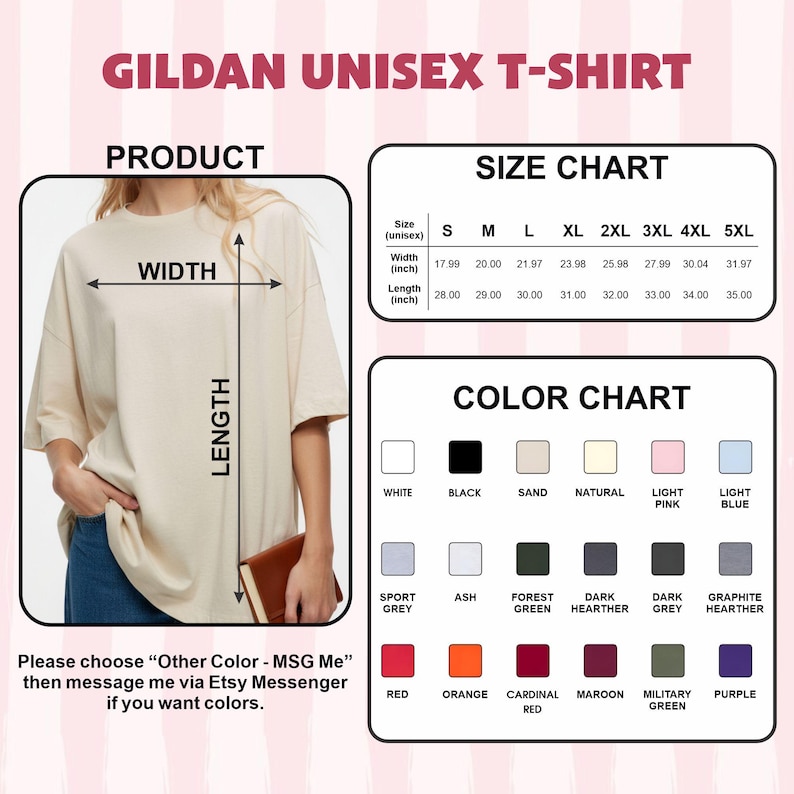 May include: A beige Gildan unisex t-shirt with a size and color chart. The size chart shows the width and length in inches, ranging from 17.99 to 31.97 inches wide and 28 to 35 inches long. The color chart includes white, black, and other colors.