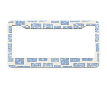 Blue Beach License Plate Frame, Coastal Ocean Pattern, Seashell Crab Palm Tree Car Decor, Summer Auto Accessory