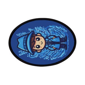 May include: An oval patch featuring a cartoon illustration of a person in a blue raincoat and hat, surrounded by stylized water effects. The character has brown hair and a smiling expression. The patch has a black border and a blue background.