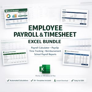 May include: An Excel bundle for employee payroll and timesheet management. The image displays several spreadsheet examples, including payroll calculator, payslip, and expense reimbursement templates. The bundle includes over 30 templates, automated calculations, and is easy to edit.