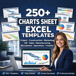 Puede incluir: Una mujer con una blazer azul marino sonríe, con un portátil que muestra gráficos. La imagen promociona más de 250 plantillas de Excel para gestión de proyectos, construcción, marketing, RRHH, ventas, fabricación, contratación, operaciones y cronogramas.