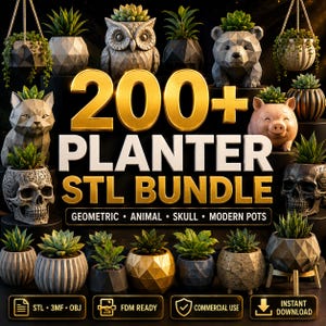 Pode incluir: Uma coleção de vasos geométricos, em forma de animais e crânios contendo pequenas suculentas. O texto 200+ PLANTER STL BUNDLE GEOMETRIC ANIMAL SKULL MODERN POTS é exibido. Ícones para STL, 3MF, OBJ, FDM READY, COMMERCIAL USE e INSTANT DOWNLOAD são visíveis.