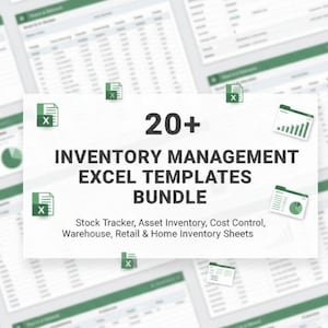 May include: A white graphic with the text "20+ INVENTORY MANAGEMENT EXCEL TEMPLATES BUNDLE". The bundle includes stock tracker, asset inventory, cost control, warehouse, retail, and home inventory sheets. Green icons are scattered around the graphic.