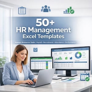 May include: A woman in a light blue blazer uses a laptop at a desk. The screen shows an Excel template with the text "HR Dashboard". The image also includes the text "50+ HR Management Excel Templates".