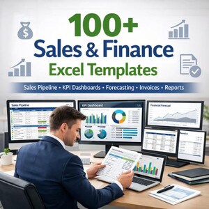 Könnte beinhalten: Eine Person im blauen Anzug prüft Finanzdaten auf mehreren Computerbildschirmen und einem Laptop. Das Bild enthält den Text "100+ Sales & Finance Excel Templates" und verwandte Begriffe wie "Sales Pipeline" und "KPI Dashboards."