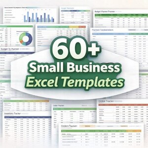 Op de afbeelding: Een verzameling Excel-spreadsheet sjablonen voor kleine bedrijven. De afbeelding toont verschillende spreadsheets met grafieken en datatabellen, waaronder "Budget Planner", "Inventory Tracker" en "Order Tracker". De centrale tekst luidt "60+ Small Business Excel Templates."