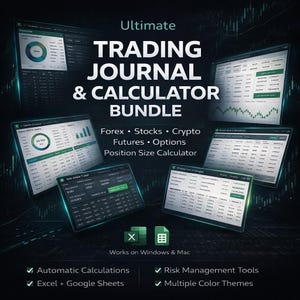May include: An image showcases the "Ultimate Trading Journal & Calculator Bundle", a digital product. The bundle, displayed on multiple screens, features financial data, charts, and graphs. It includes tools for Forex, Stocks, Crypto, Futures, and Options trading, with automatic calculations and risk management.