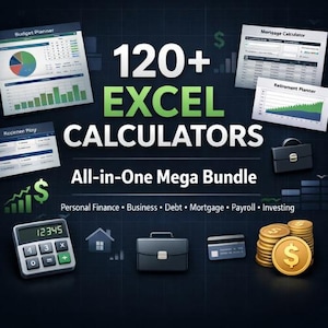 Op de afbeelding: Een advertentie voor 120+ Excel-calculators. De afbeelding bevat grafieken, een rekenmachine, aktetassen, een creditcard en stapels gouden munten. Tekst bevat "All-in-One Mega Bundle" en categorieën zoals "Persoonlijke financiën" en "Bedrijf".