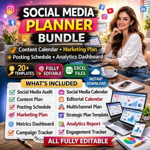 Pode incluir: Um pacote de marketing digital com o texto "SOCIAL MEDIA PLANNER BUNDLE". Inclui modelos, calendário de conteúdo, plano de marketing, agendamento de posts e painel de análise. Totalmente editável e disponível para download instantâneo.