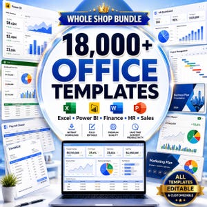 Può includere: Immagine promozionale che mostra un pacchetto di oltre 18.000 modelli per ufficio. L'immagine include grafici e un laptop che mostra dati finanziari. Il pacchetto include modelli per Excel, Power BI, Finanza, Risorse Umane e Vendite. Download immediato e qualità premium.