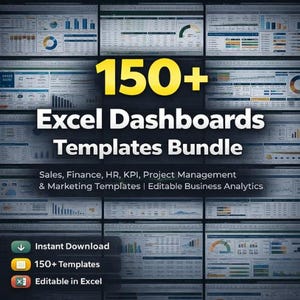 Puede incluir: Un paquete de productos digitales con más de 150 plantillas de paneles de control de Excel. La imagen muestra varios gráficos, con texto en amarillo y blanco, incluyendo "150+ Excel Dashboards Templates Bundle". Incluye plantillas para ventas, finanzas, RRHH y marketing.