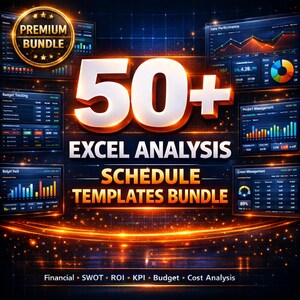 Puede incluir: Gráfico digital promocionando un paquete de plantillas de análisis y programación de Excel. La imagen presenta el texto "50+ Excel Analysis Schedule Templates Bundle" con gráficos y una insignia de "Premium Bundle".