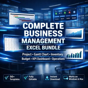 Può includere: Una grafica digitale che promuove un Complete Business Management Excel Bundle. L'immagine presenta vari grafici e diagrammi, inclusi diagrammi di Gantt e dashboard KPI, con il testo "Project, Gantt Chart, Inventory, Budget, KPI Dashboard, Operations". Il testo aggiuntivo include "50+ Templates", "Fully Editable", "Instant Download" e "Works on Windows & Mac".