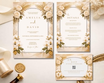 Conjunto de invitaciones de boda estilo bohemio en marfil y dorado / Plantilla editable elegante con diseño floral en Canva / Tarjeta de detalles / Confirmación de asistencia