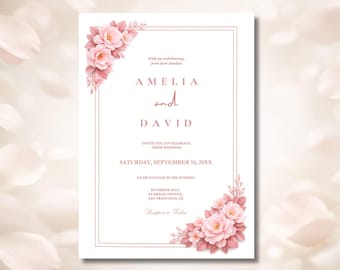 Plantilla de invitación de boda rosa palo, invitación editable en Canva, descarga digital imprimible.