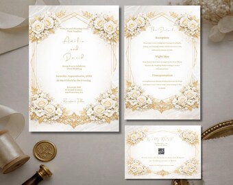 Conjunto de invitaciones de boda en oro blanco / Invitación elegante con diseño floral en Canva / Tarjeta de detalles / Confirmación de asistencia incluida / Digifyo