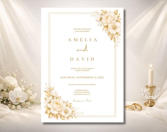 Plantilla de invitación de boda floral dorada, invitación editable en Canva, descarga digital imprimible.