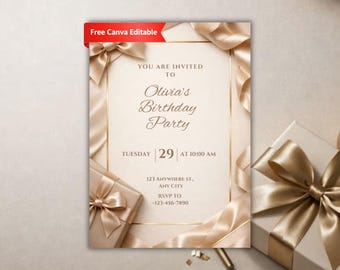 Plantilla de invitación de cumpleaños con cinta dorada, invitación elegante y editable, tarjeta de fiesta digital imprimible.