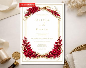 Plantilla de invitación de boda real / Editable en Canva / Elegante PDF digital imprimible de lujo con diseño floral morado / Digifyo