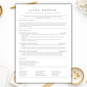May include: A professional CV template featuring the name Elena Morgan, Director of Marketing & Growth Strategy, with sections for professional summary, work experience, education, and skills, presented in a clean, black and white layout.